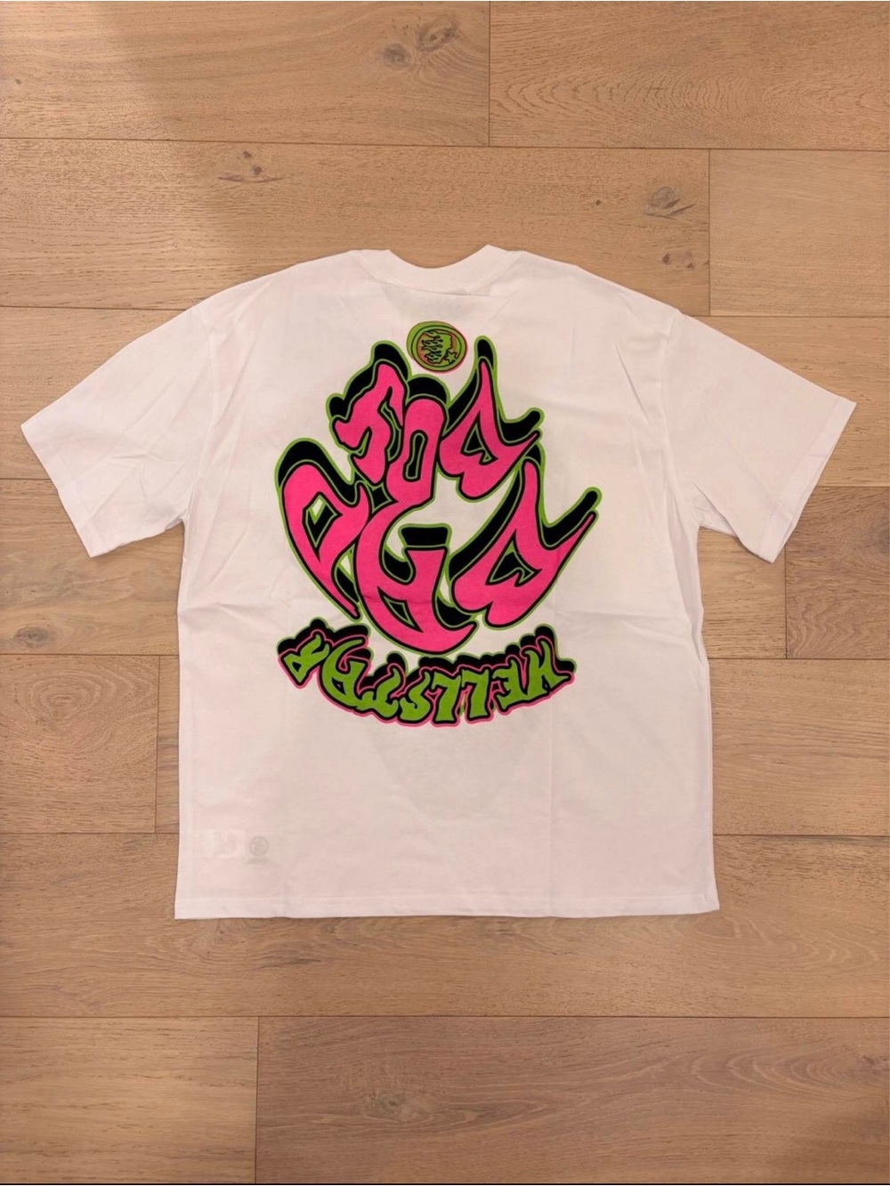 White Graphic Hellstar Tee with Neon Pink & Lime Green Back Logo
